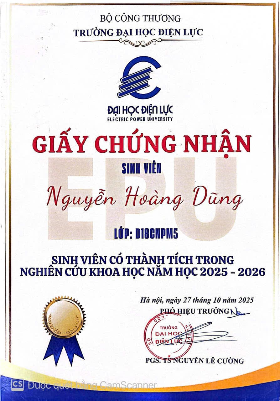 Research achievement certificate for Nguyen Hoang Dung